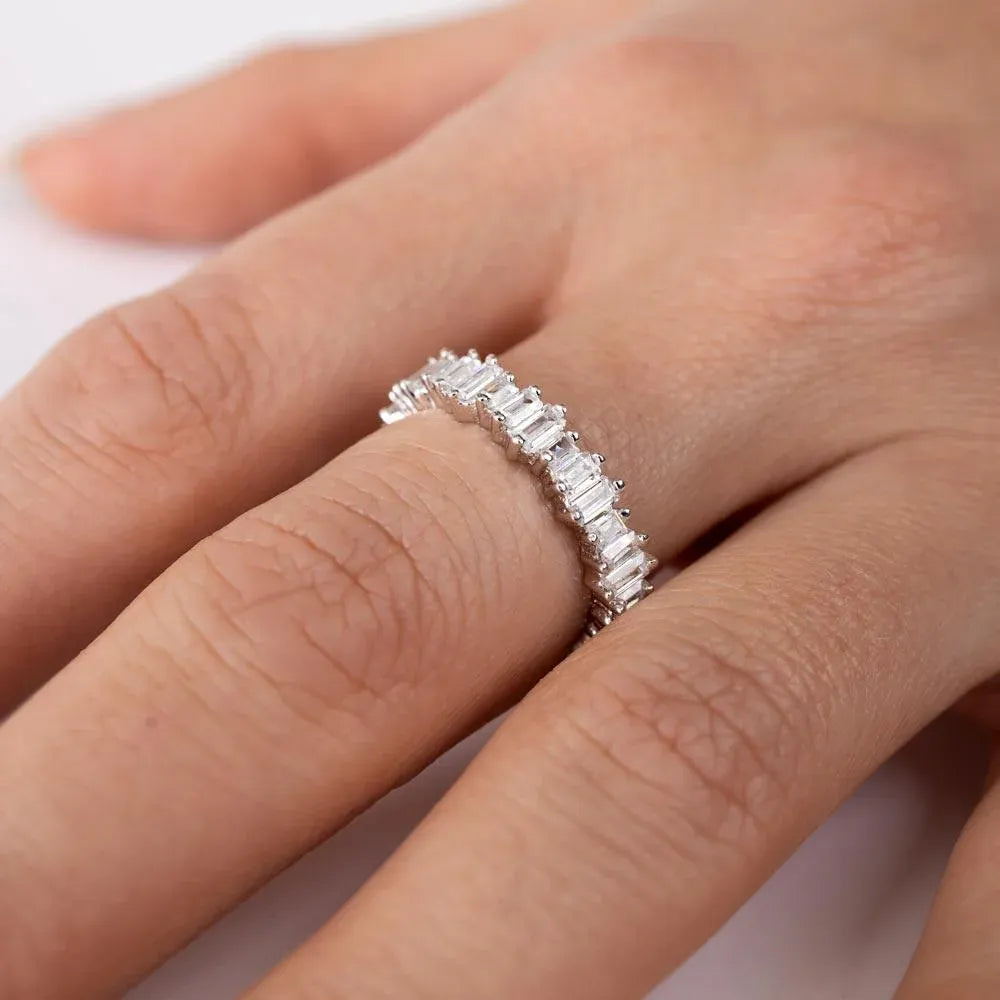 925 Sterling Silver Emerald Cut CZ Baguette Eternity Band Ring