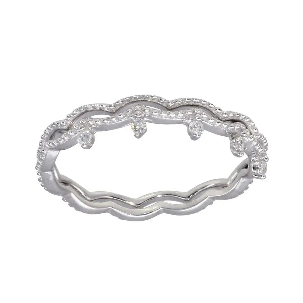 925 Sterling Silver Rhodium Plated Wave CZ Double Band
