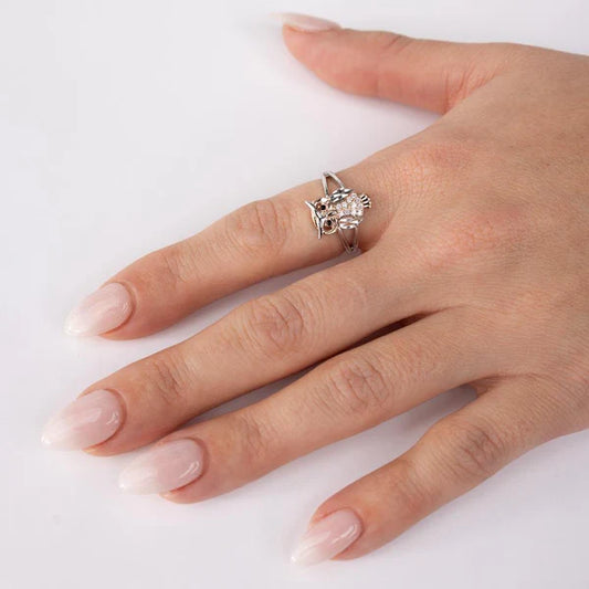 925 Sterling Silver CZ Diamond Cut Two-Tone Owl Ring