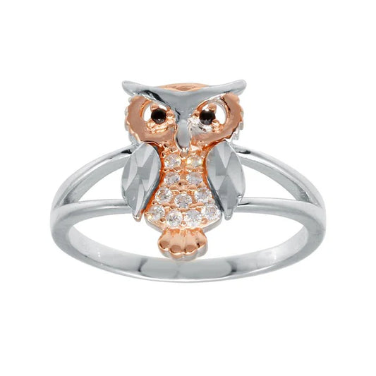 925 Sterling Silver CZ Diamond Cut Two-Tone Owl Ring