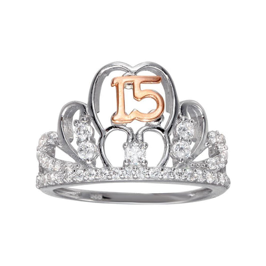 925 Sterling Silver Two-Tone CZ Quinceanera Tiara Ring