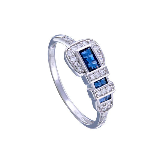 925 Sterling Silver Rhodium Plated Blue and Clear CZ Belt Ring
