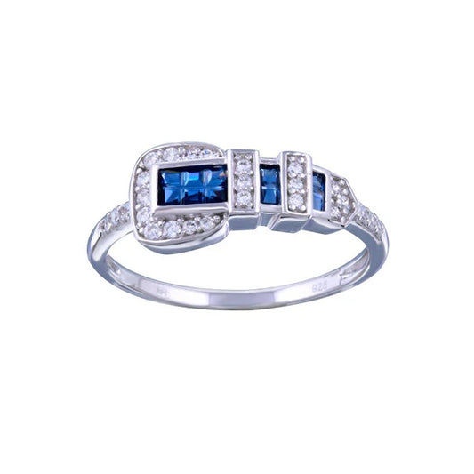 925 Sterling Silver Rhodium Plated Blue and Clear CZ Belt Ring