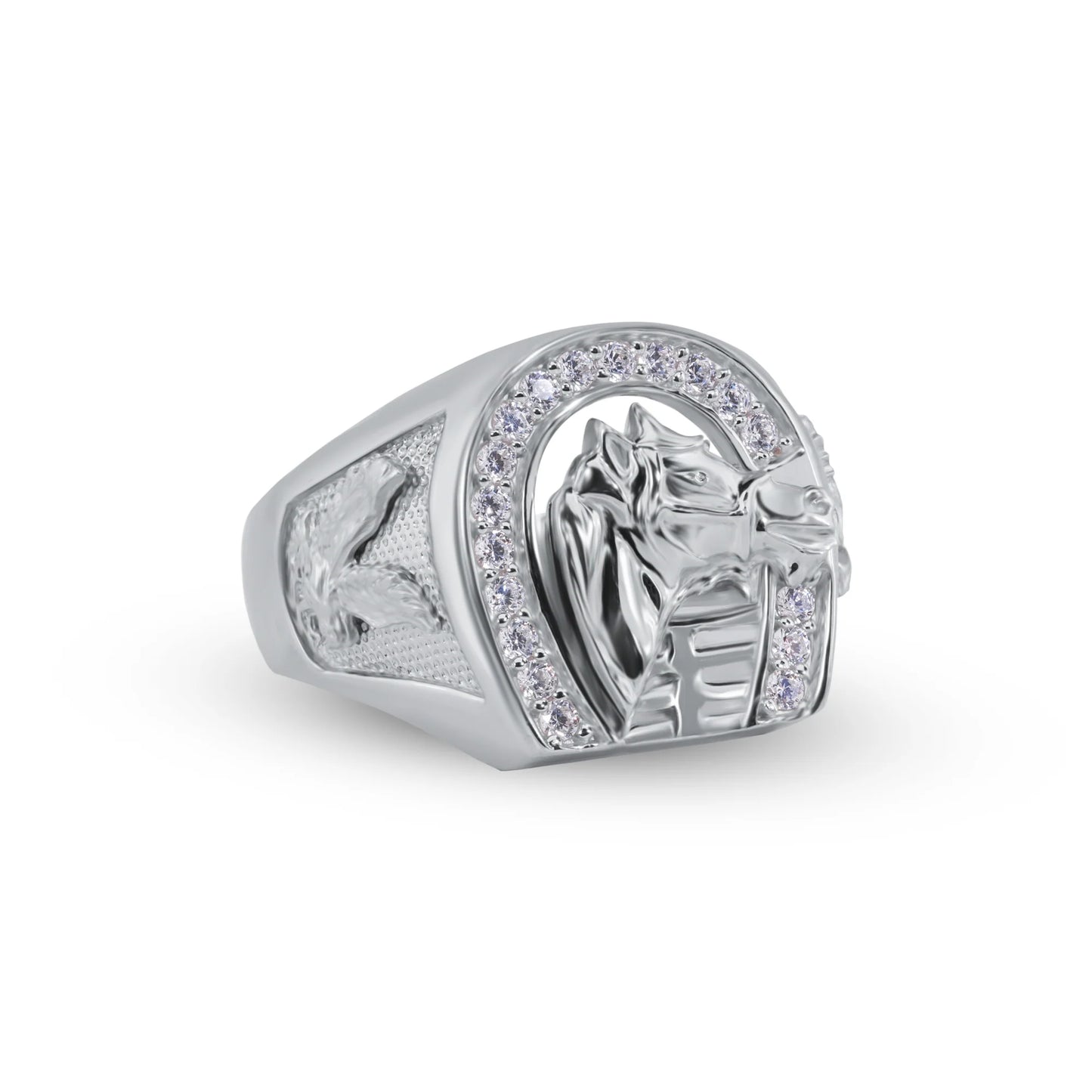 925 Sterling Silver Nickel Free Rhodium Plated Horse Shoe with Horse CZ Ring