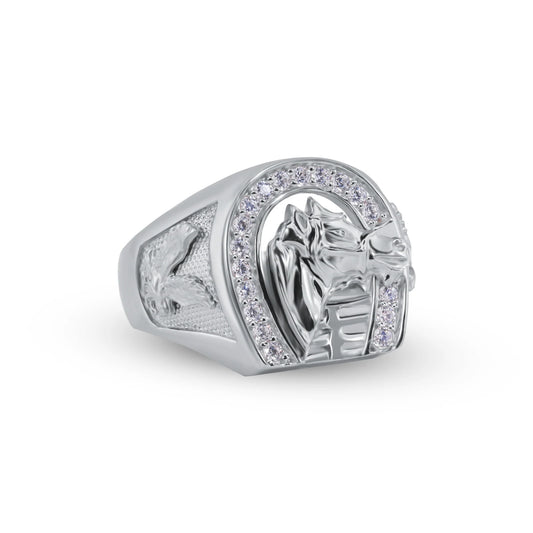 925 Sterling Silver Nickel Free Rhodium Plated Horse Shoe with Horse CZ Ring