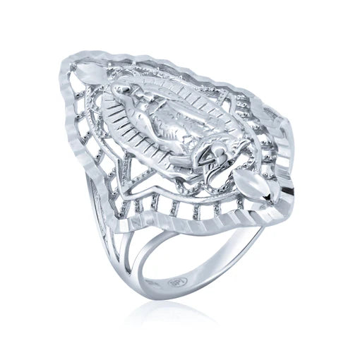 925 Sterling Silver Rhodium Plated Diamond Cut Filigree Guadalupe CZ Ring