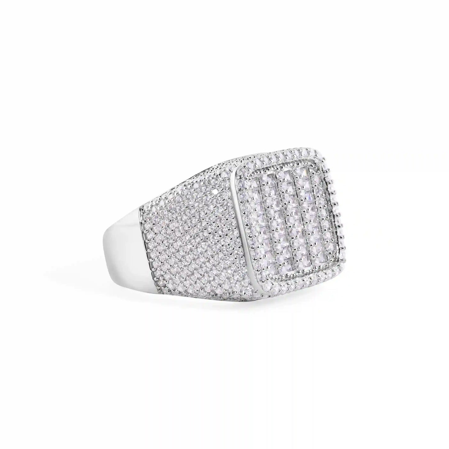925 Sterling Silver Rhodium Plated Men's Square Top Baguette Cut Clear CZ 17.5mm Ring