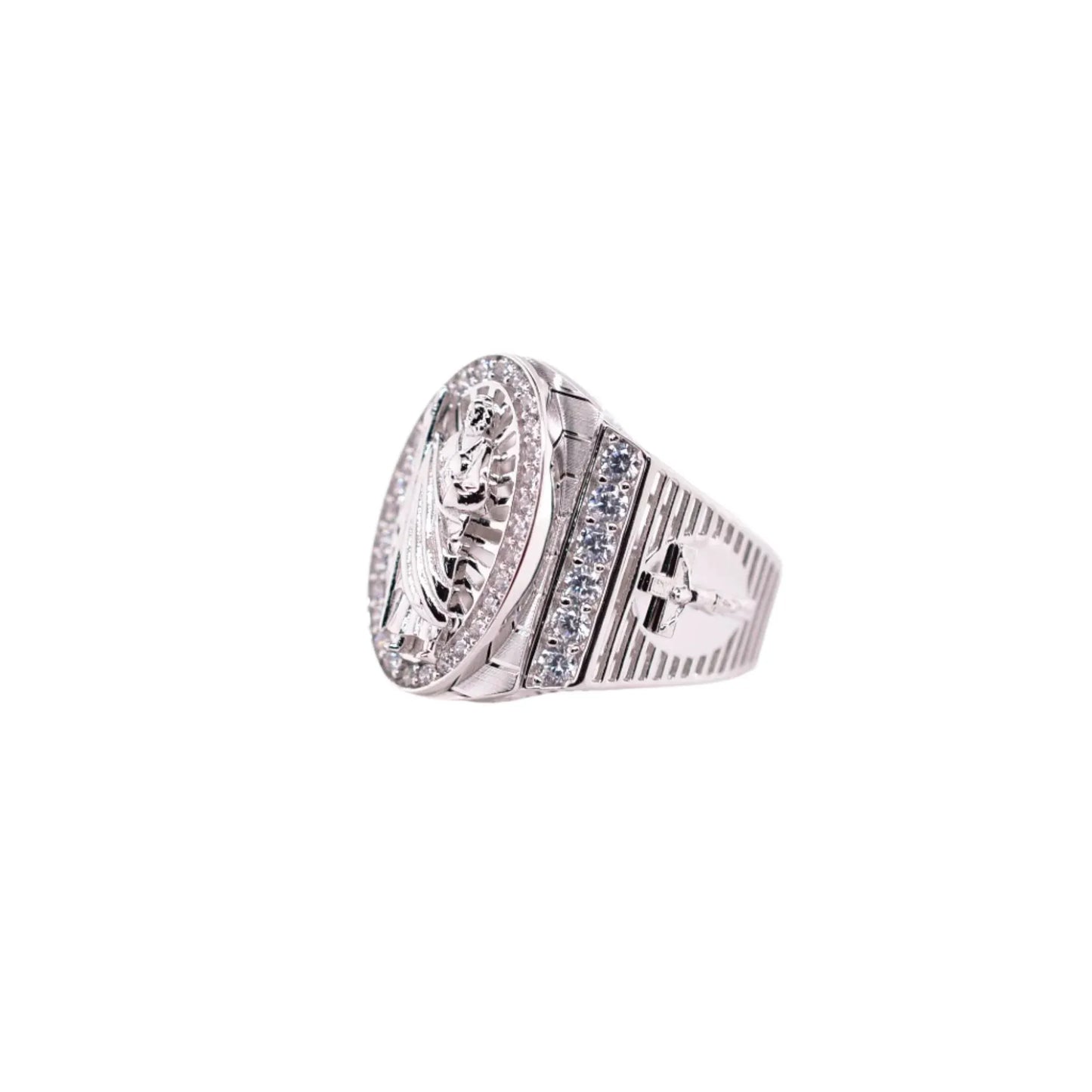 925 Sterling Silver Rhodium Plated Men's Embossed Saint Jude Oval Top Round Clear Cross CZ 22.8mm Ring