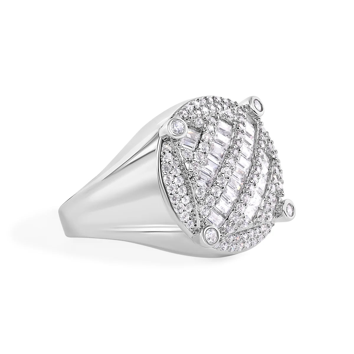 925 Sterling Silver Rhodium Plated Men's Round Top Baguette Cut Clear CZ 20.9mm Ring