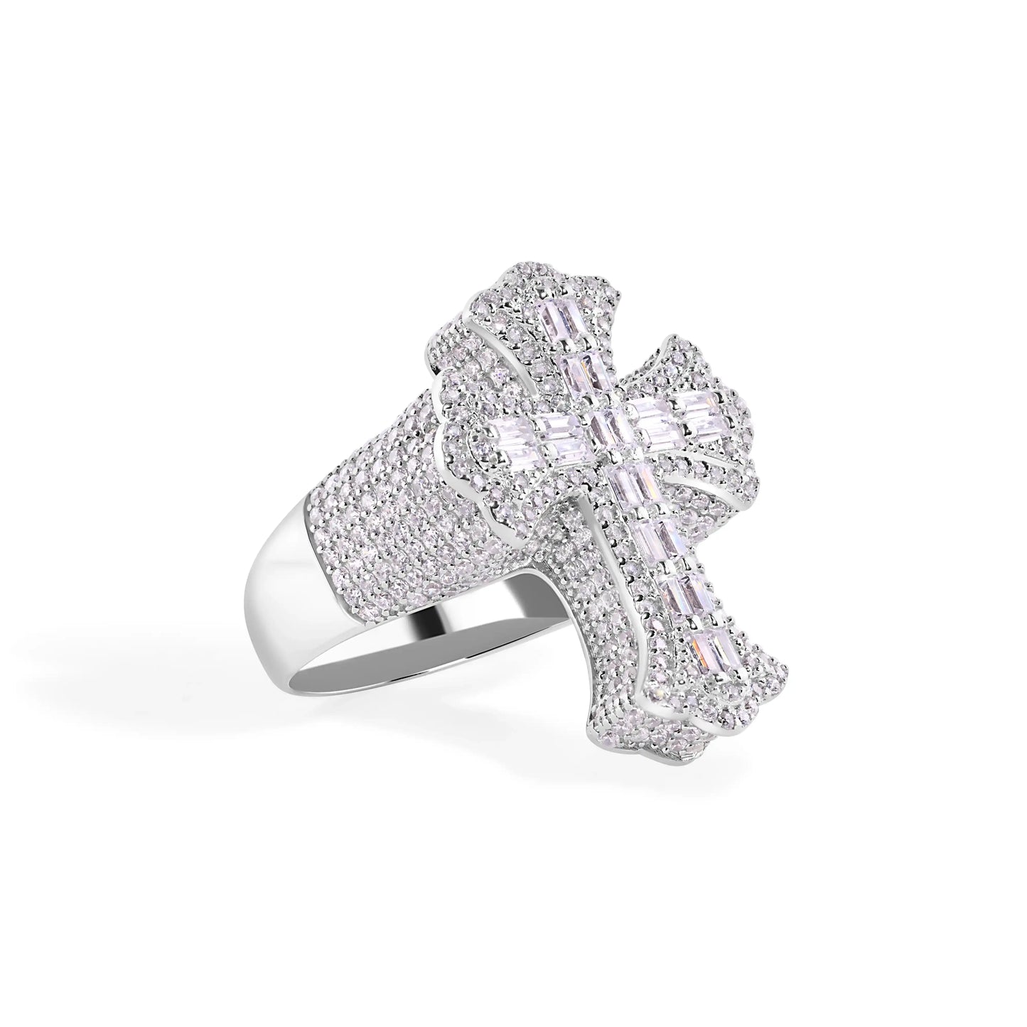 925 Sterling Silver Rhodium Plated Men's Fleur De Lis Baguette Cross Cut Clear CZ 28.5mm Ring