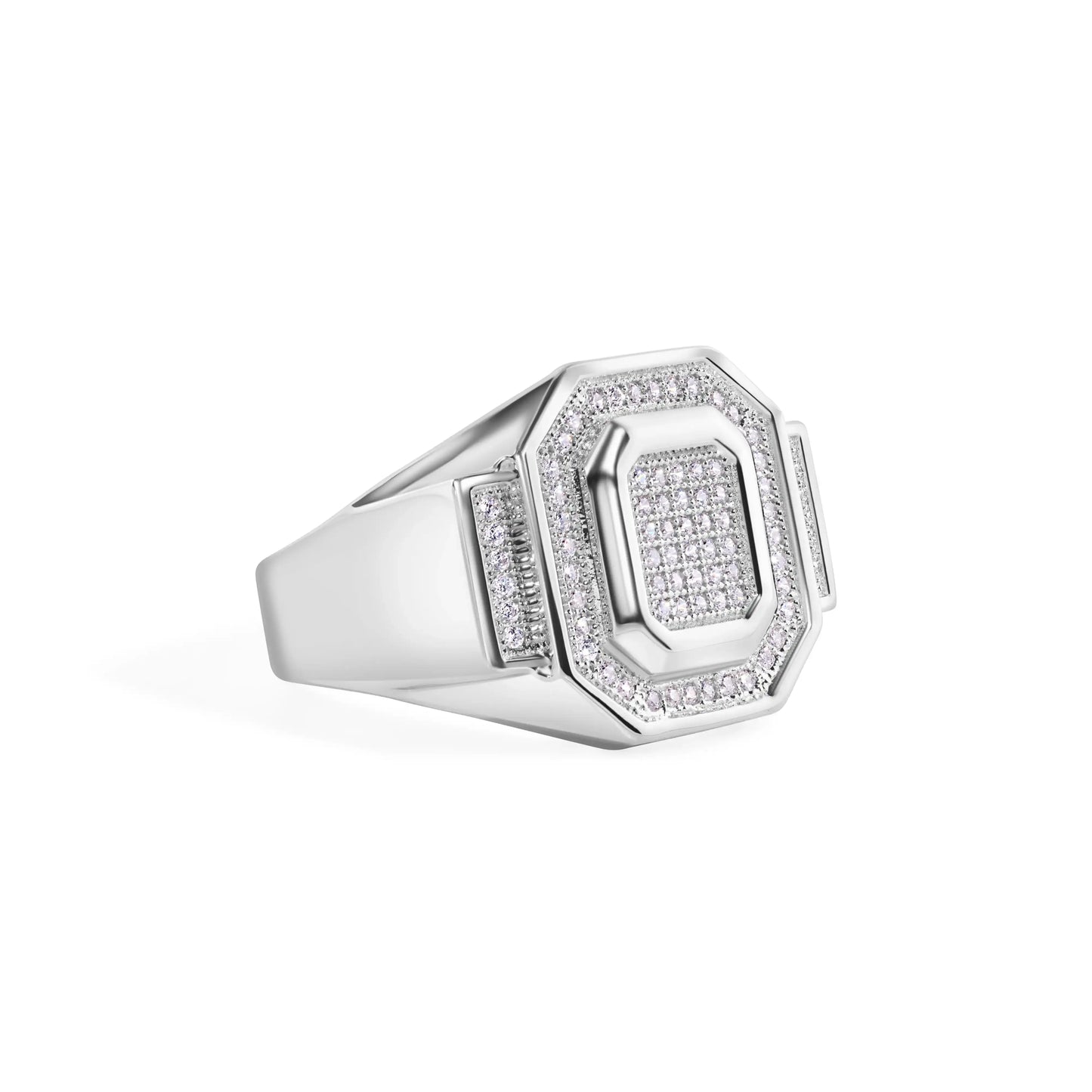 925 Sterling Silver Rhodium Plated Men's Embossed Octagon Top Round Cut Clear CZ 18.5mm Ring