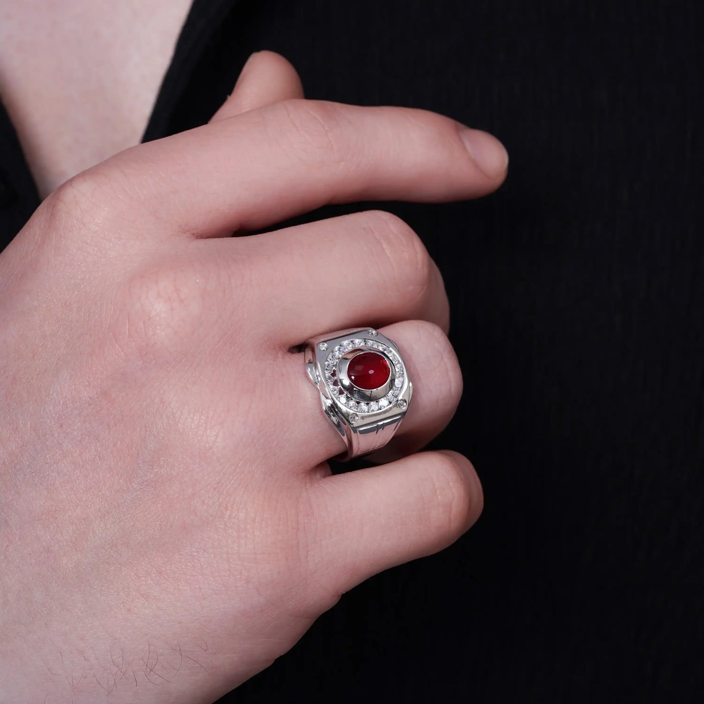 925 Sterling Silver Rhodium Plated Men's Round Top Ruby and Clear CZ 16.6mm x 16.6mm Ring