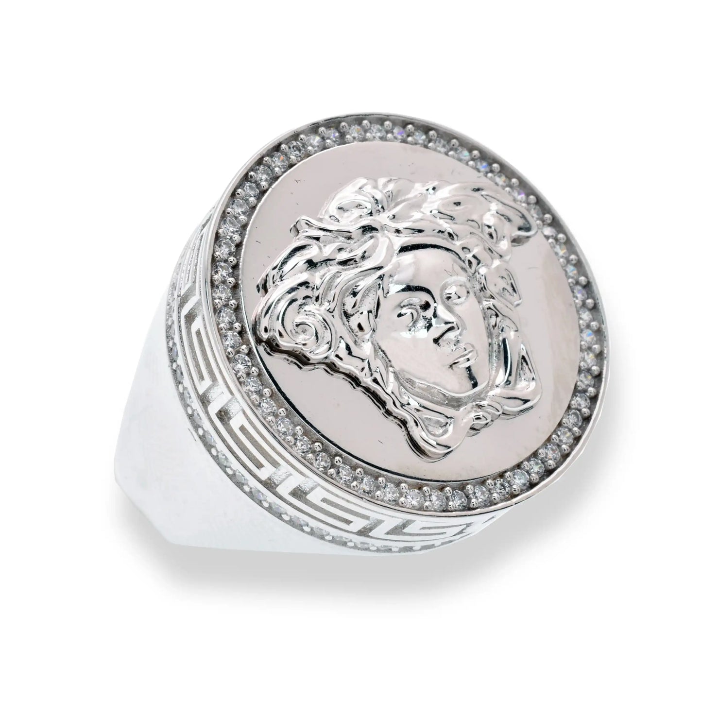 925 Sterling Silver Rhodium Plated Men's Round Medussa Greek Key Clear CZ 24.1mm Ring
