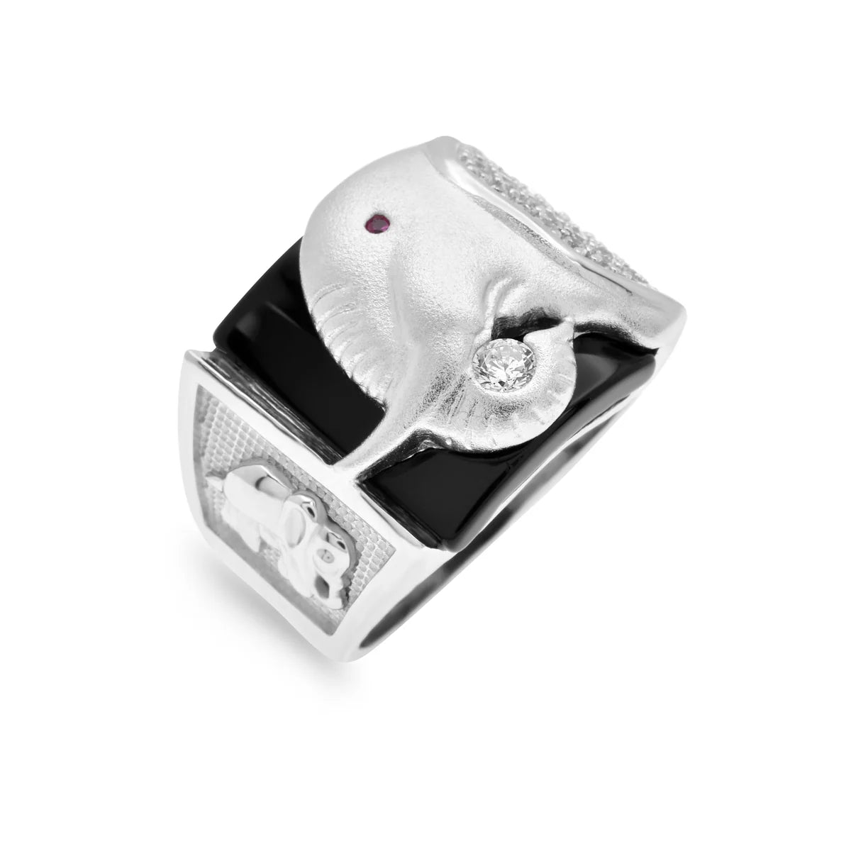 925 Sterling Silver Rhodium Plated Men's Sandblasted Finish Elephant Black Onyx Clear and Ruby Red CZ Ring