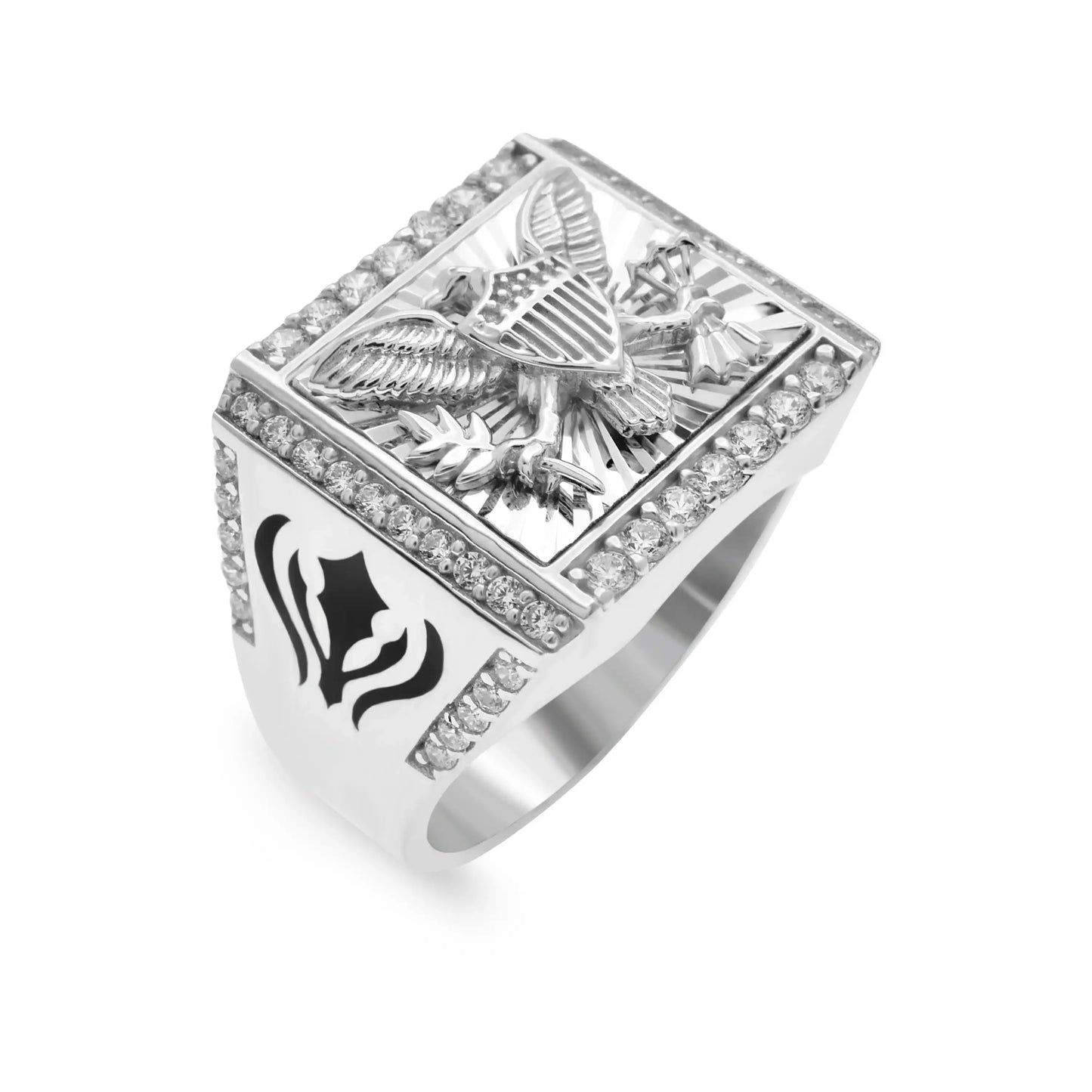 925 Sterling Silver Rhodium Plated Men's Diamond Cut American Eagle Clear CZ 20.4mm x 17.2mm Ring
