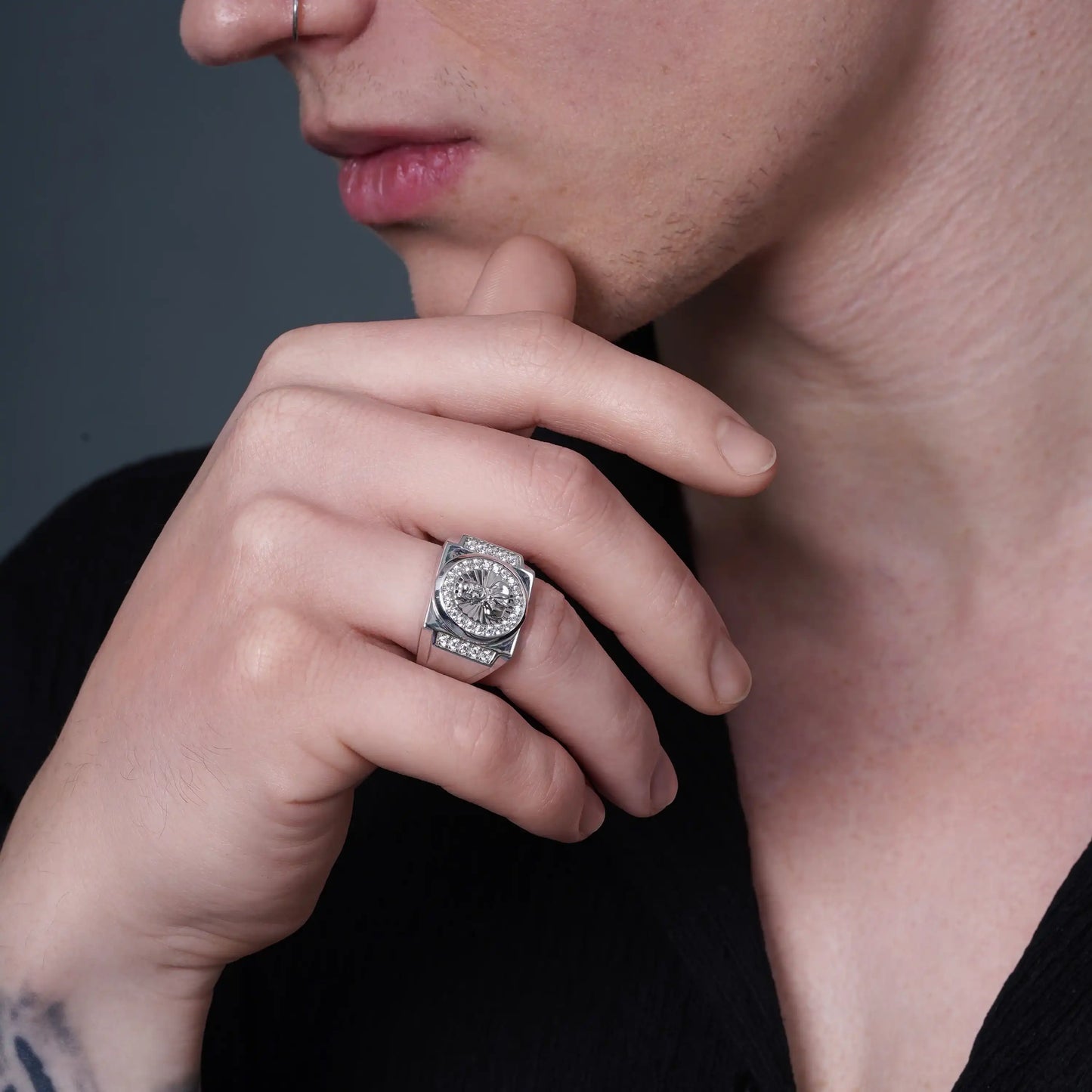 925 Sterling Silver Rhodium Plated Men's Malverde Clear CZ 21.2mm x 16.7mm Ring