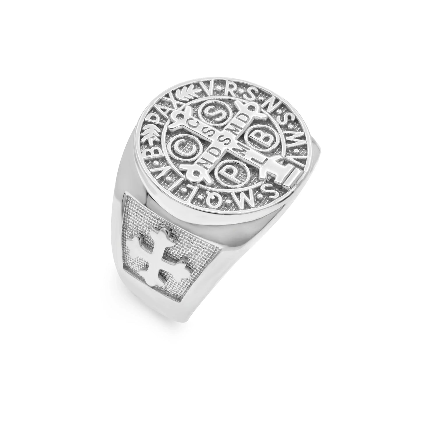 925 Sterling Silver Rhodium Plated Men's Saint Benedict Prayer 17.2mm Ring