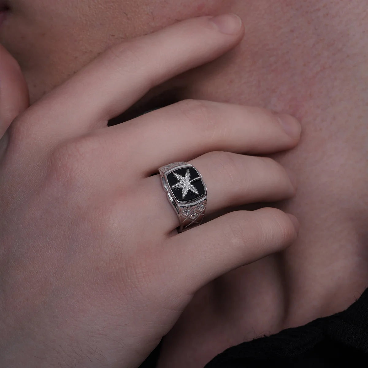 925 Sterling Silver Rhodium Plated Men's Moissanite or CZ Cannabis Black Onyx Ring