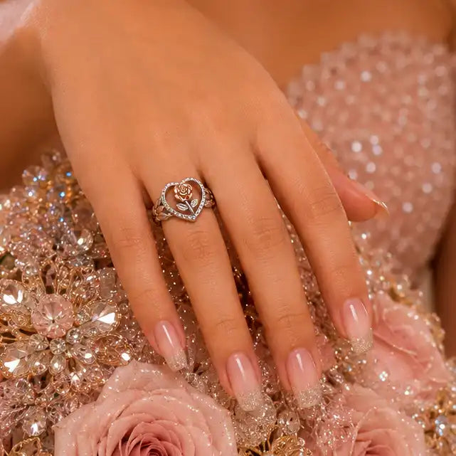 925 Sterling Silver Two-Tone Rose Inside Beaded Heart Ring