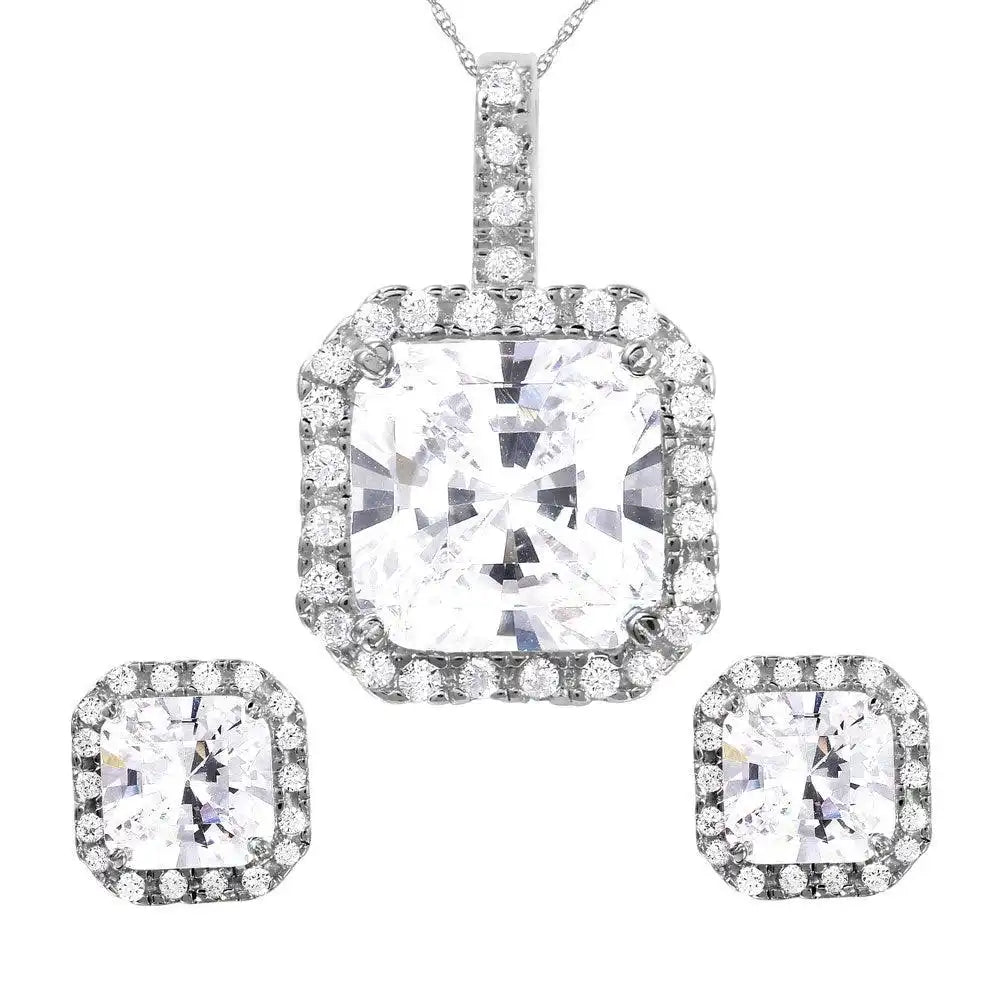 925 Sterling Silver Rhodium Plated Square Clear CZ Set