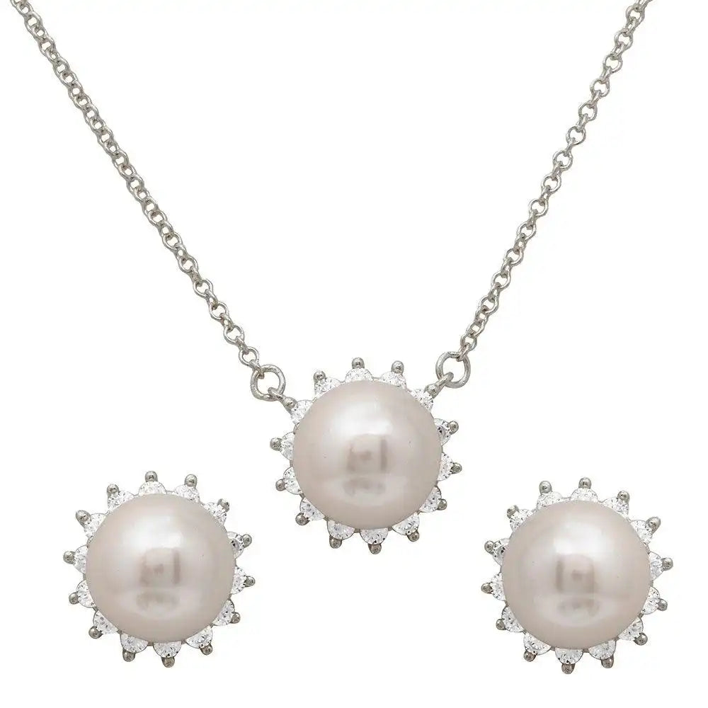 925 Sterling Silver Rhodium Plated CZ Halo Fresh Water Center Pearl Set