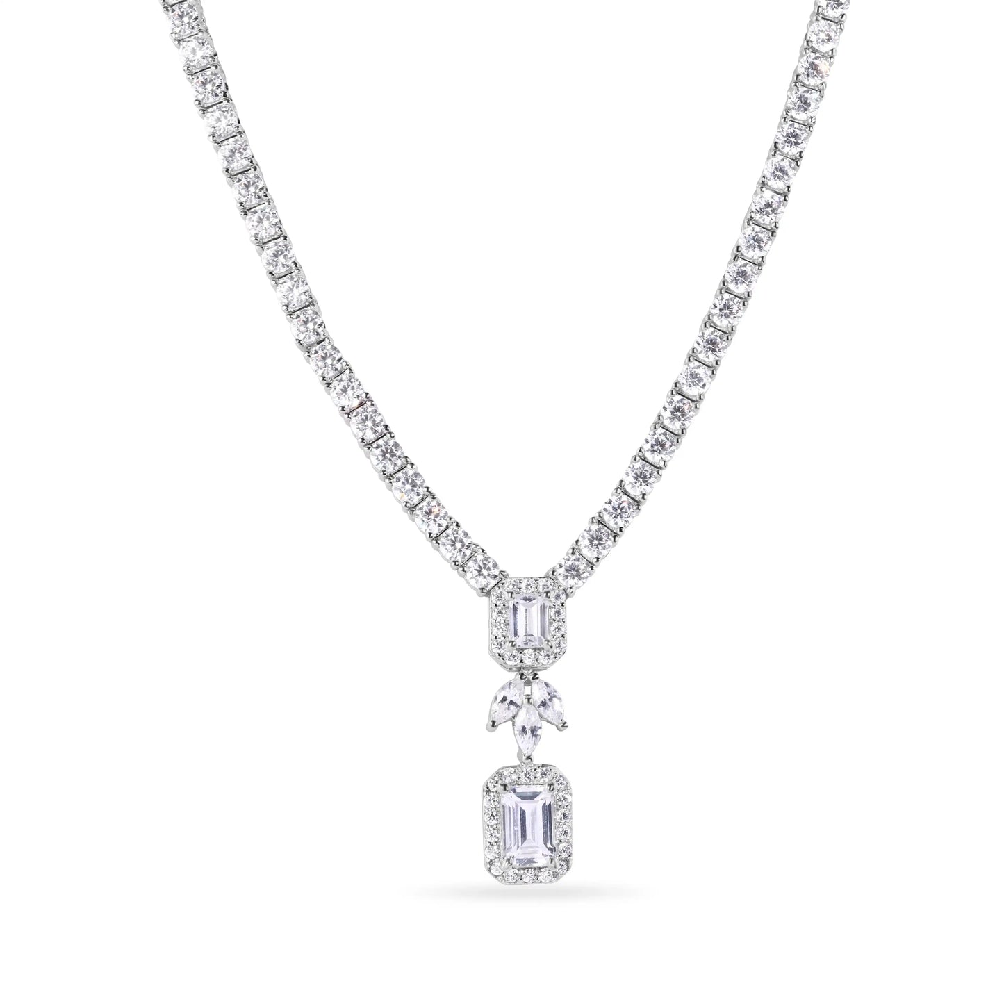 925 Sterling Silver Rhodium Plated Baguette Center Stone Clear CZ Tennis 2.6mm Necklace Bracelet and Dangling Earring Bridal Set