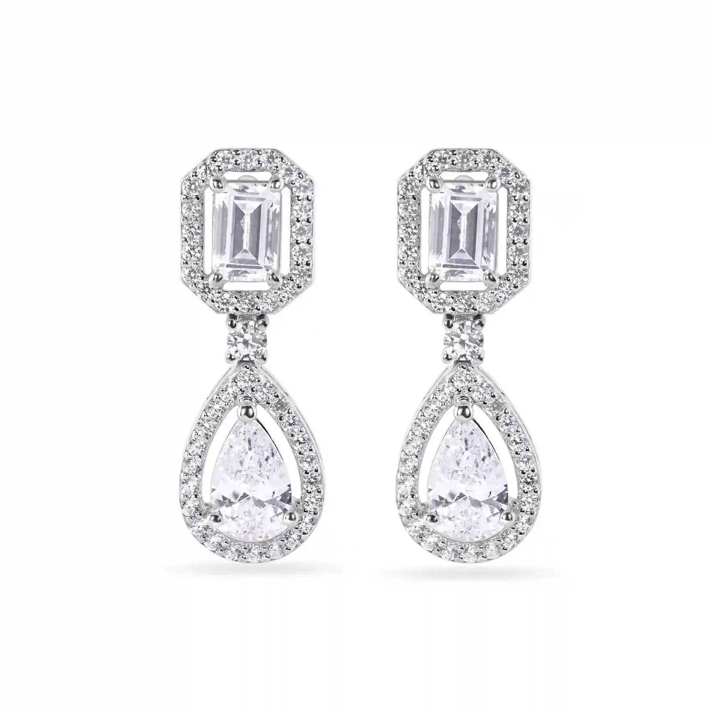 925 Sterling Silver Rhodium Plated Pear Cut Center Stone Clear CZ Tennis 2.6mm Necklace Bracelet and Dangling Earring Set