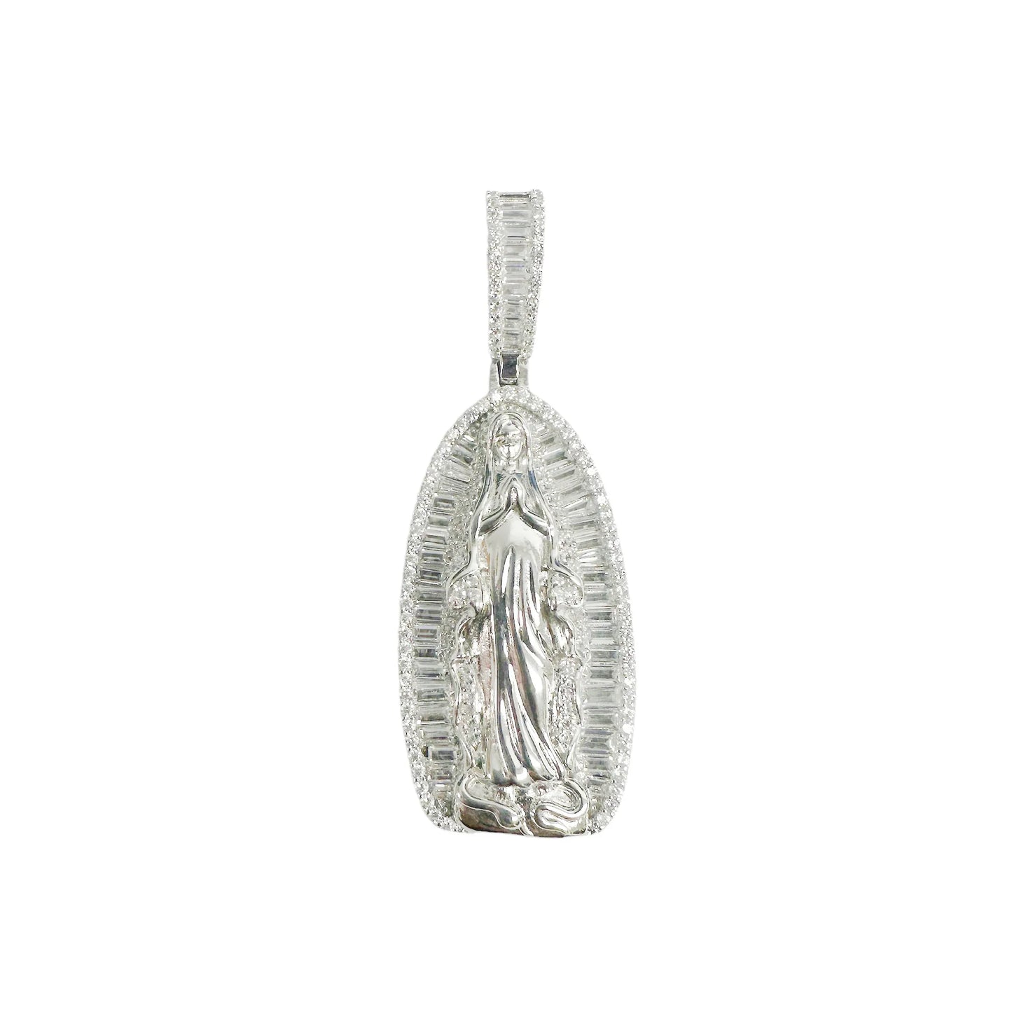 925 Sterling Silver Rhodium Plated Our Lady Of Guadalupe Baguette Clear CZ 40mm Pendant