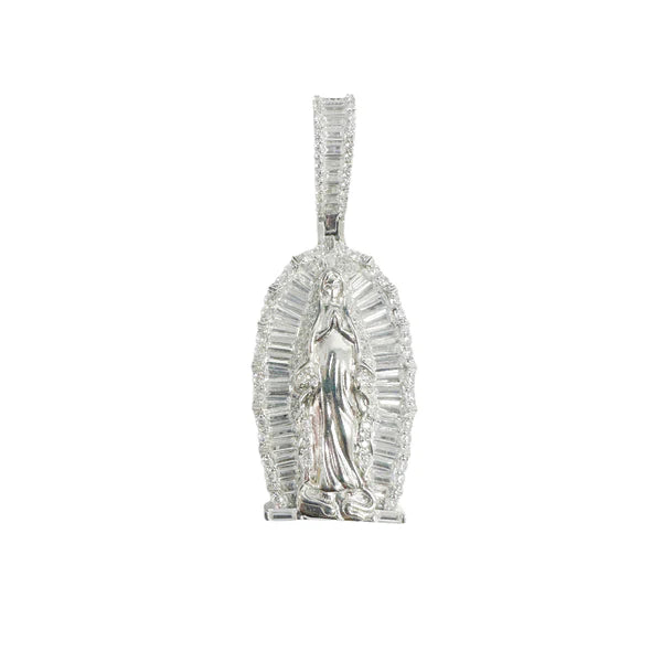 925 Sterling Silver Rhodium Plated Our Lady Of Guadalupe Baguette Clear CZ 35mm Pendant