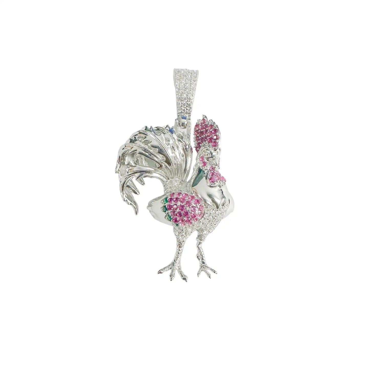 925 Sterling Silver Rhodium Plated Rooster Red Green and Clear CZ Pendant