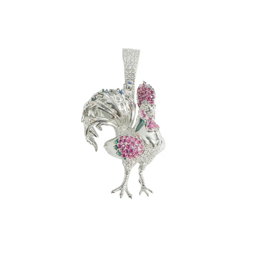 925 Sterling Silver Rhodium Plated Rooster Red Green and Clear CZ Pendant