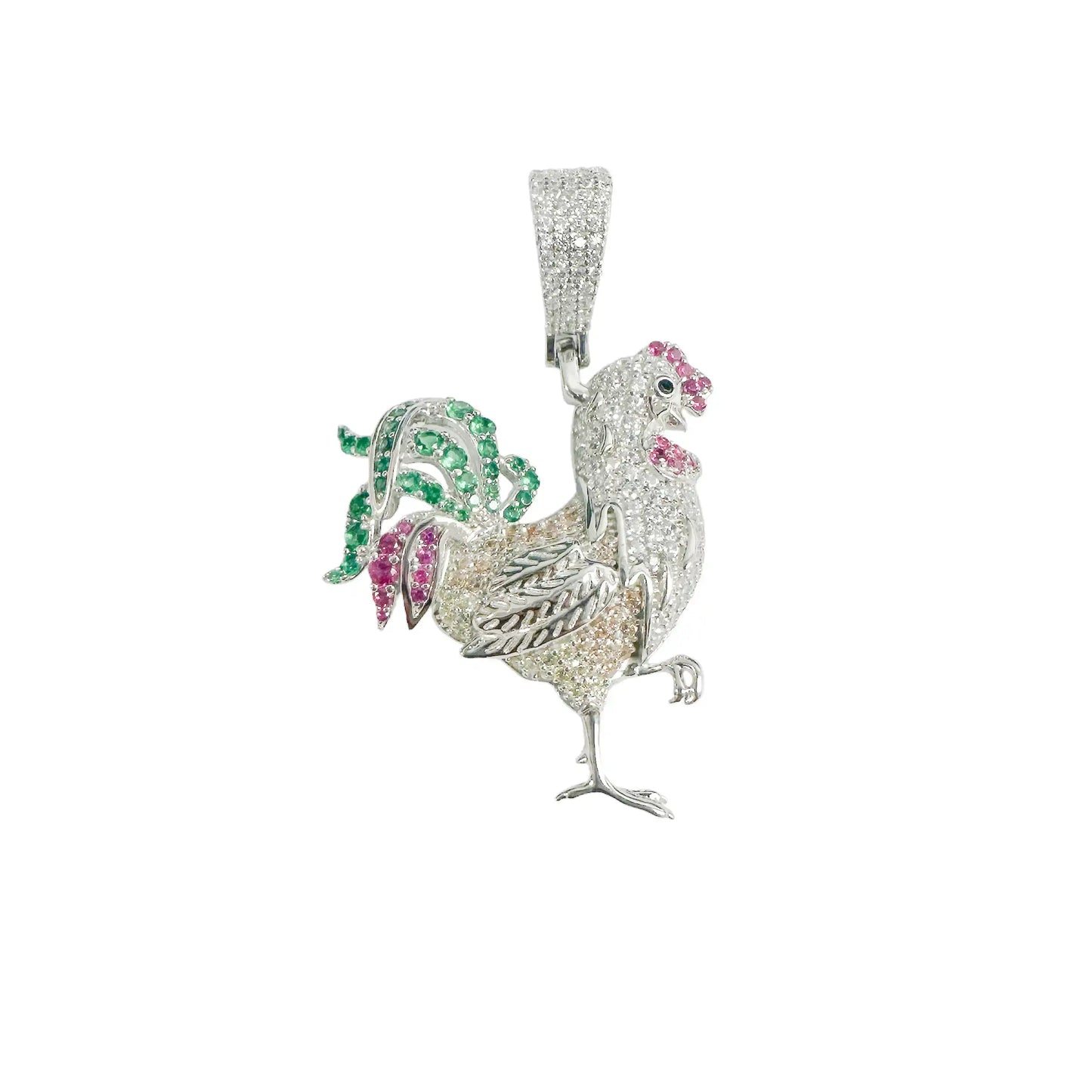925 Sterling Silver Rhodium Plated Chicken Multicolor CZ Pendant