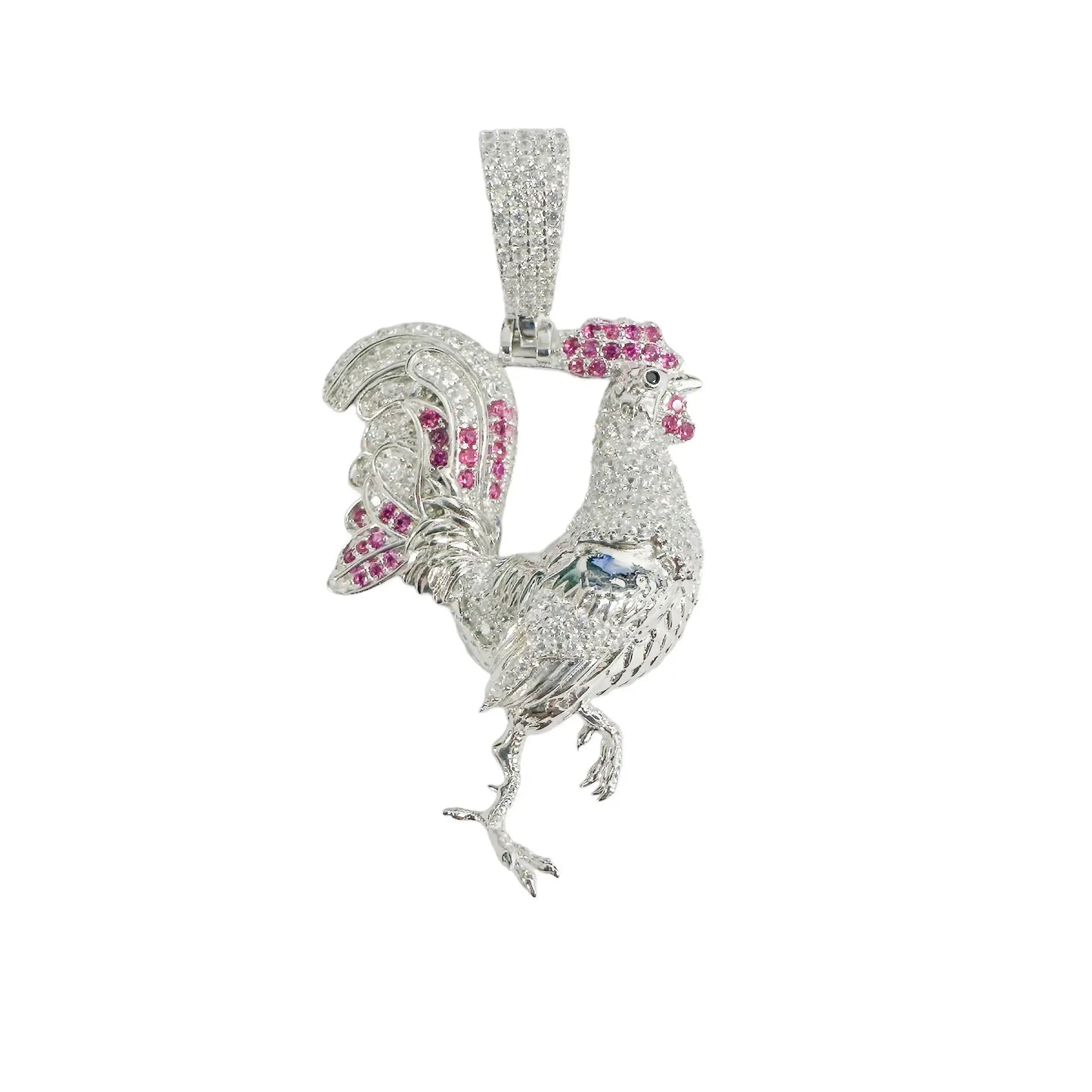 925 Sterling Silver Rhodium Plated Rooster Red and Clear CZ Pendant