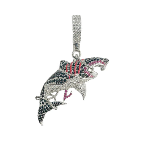 925 Sterling Silver Rhodium Plated Tangled Shark Black Red and Clear CZ Pendant