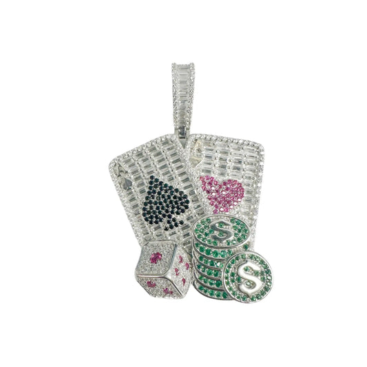 925 Sterling Silver Rhodium Plated Cards Dice and Chips Clear Baguette Green Red and Black CZ Pendant