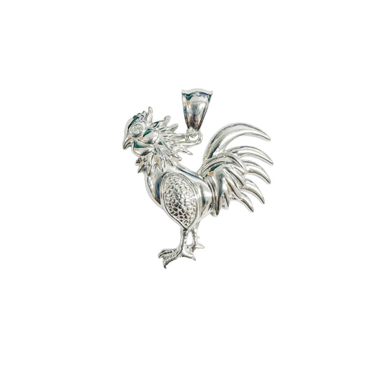 925 Sterling Silver Rhodium Plated Rooster Clear CZ Eye Pendant