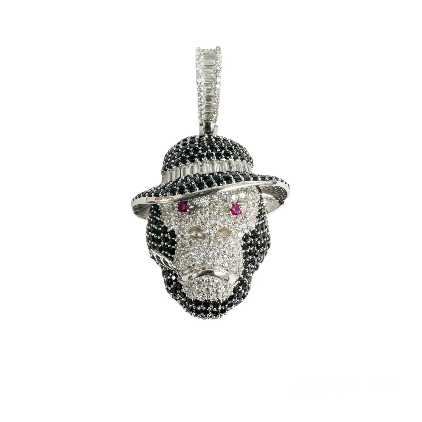 925 Sterling Silver Rhodium Plated Smoking Ape Monkey Hat Clear Red and Black CZ Pendant