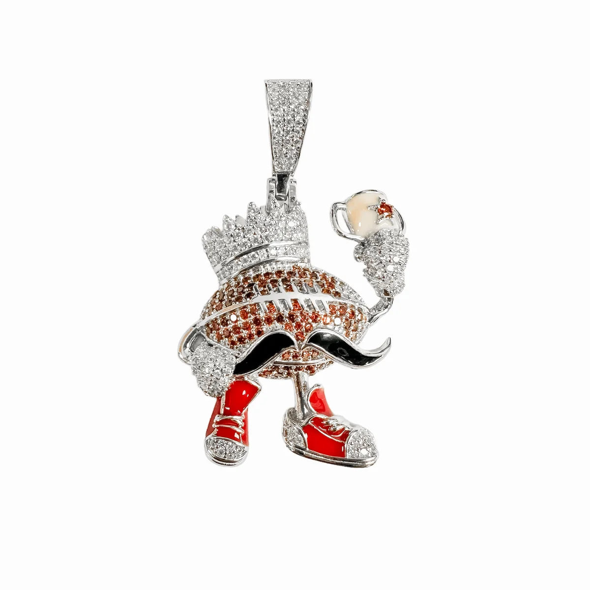 925 Sterling Silver Rhodium Plated Football Crown Mustache Clear and Orange CZ Red Black and Yellow Enamel Pendant