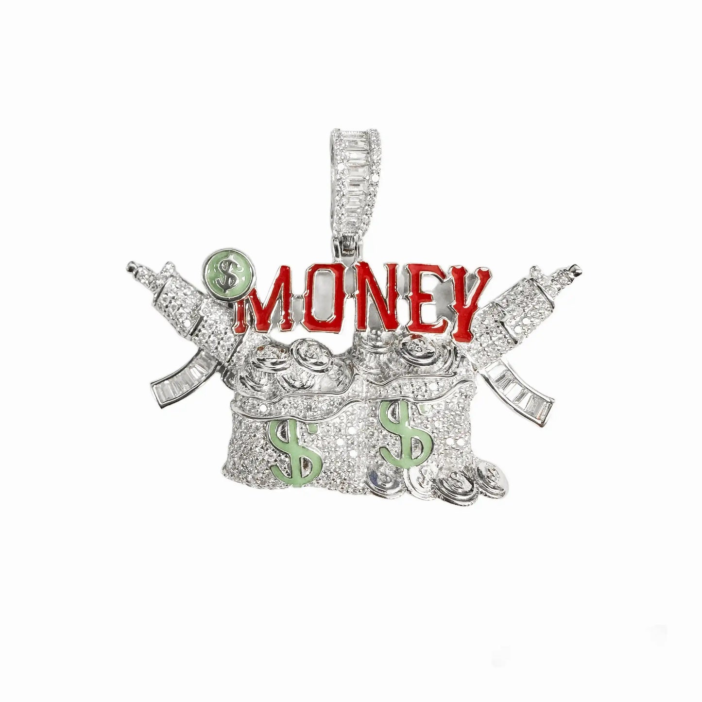 925 Sterling Silver Rhodium Plated Money Bag Guns Clear CZ Red and Green Enamel Pendant