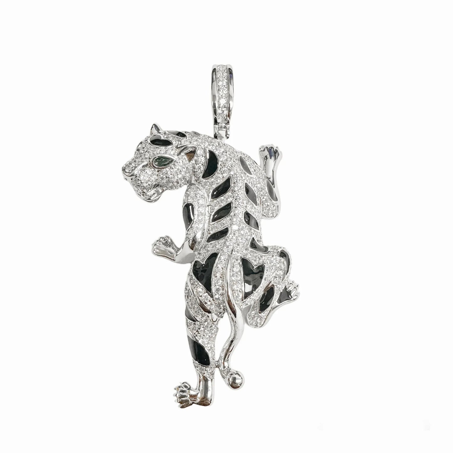 925 Sterling Silver Rhodium Plated Cheetah Clear CZ Black Enamel Pendant