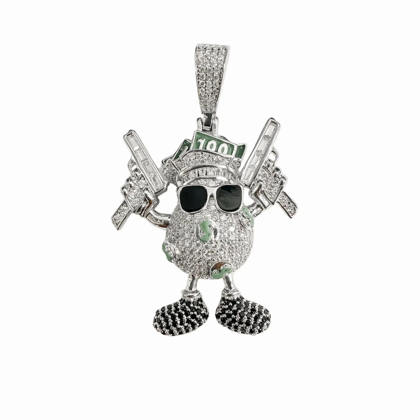 925 Sterling Silver Rhodium Plated Egg Dollar Bills Guns Clear and Black CZ and Green Enamel Pendant