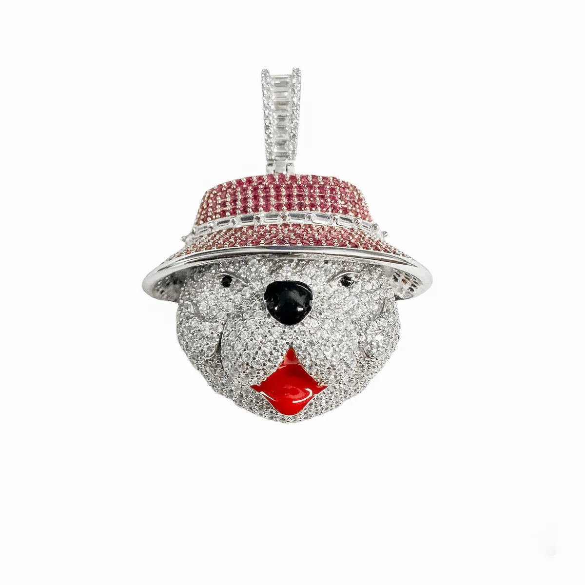 925 Sterling Silver Rhodium Plated Bear Hat Clear and Pink CZ Red Enamel Tounge Pendant