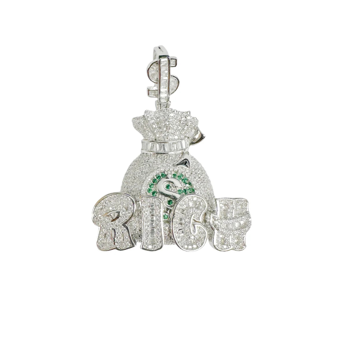 925 Sterling Silver Rhodium Plated Money Bag Rich Clear and Green CZ Dollar Sign Vale Pendant