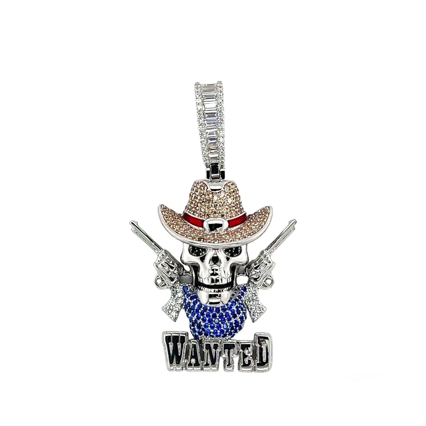 925 Sterling Silver Rhodium Plated Wild West Skull Guns Wanted Brown Clear Blue CZ Pendant