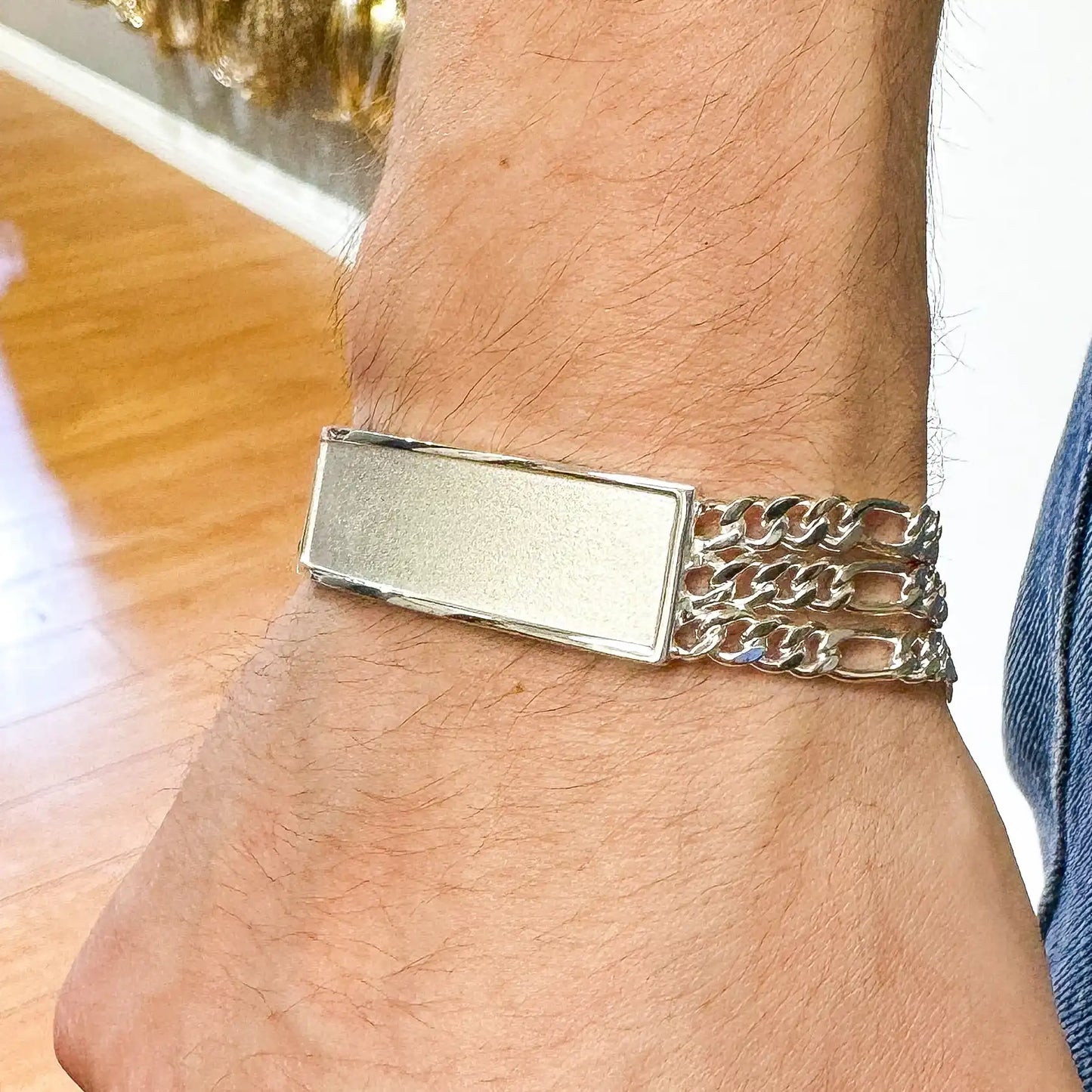 925 Sterling Silver Three Strand Figaro 14.4mm Textured ID Bracelet