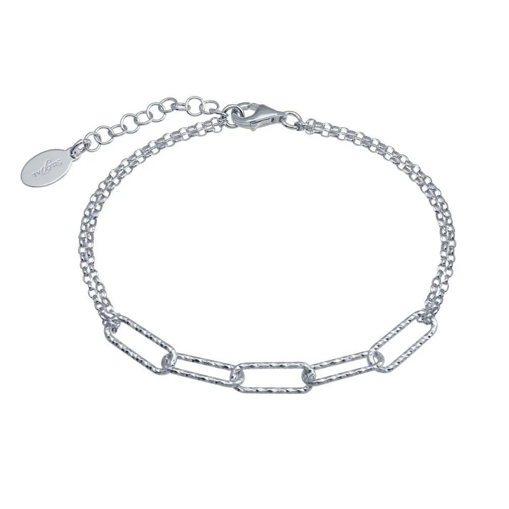925 Sterling Silver Rhodium Plated Diamond Cut Link Chain Bracelet
