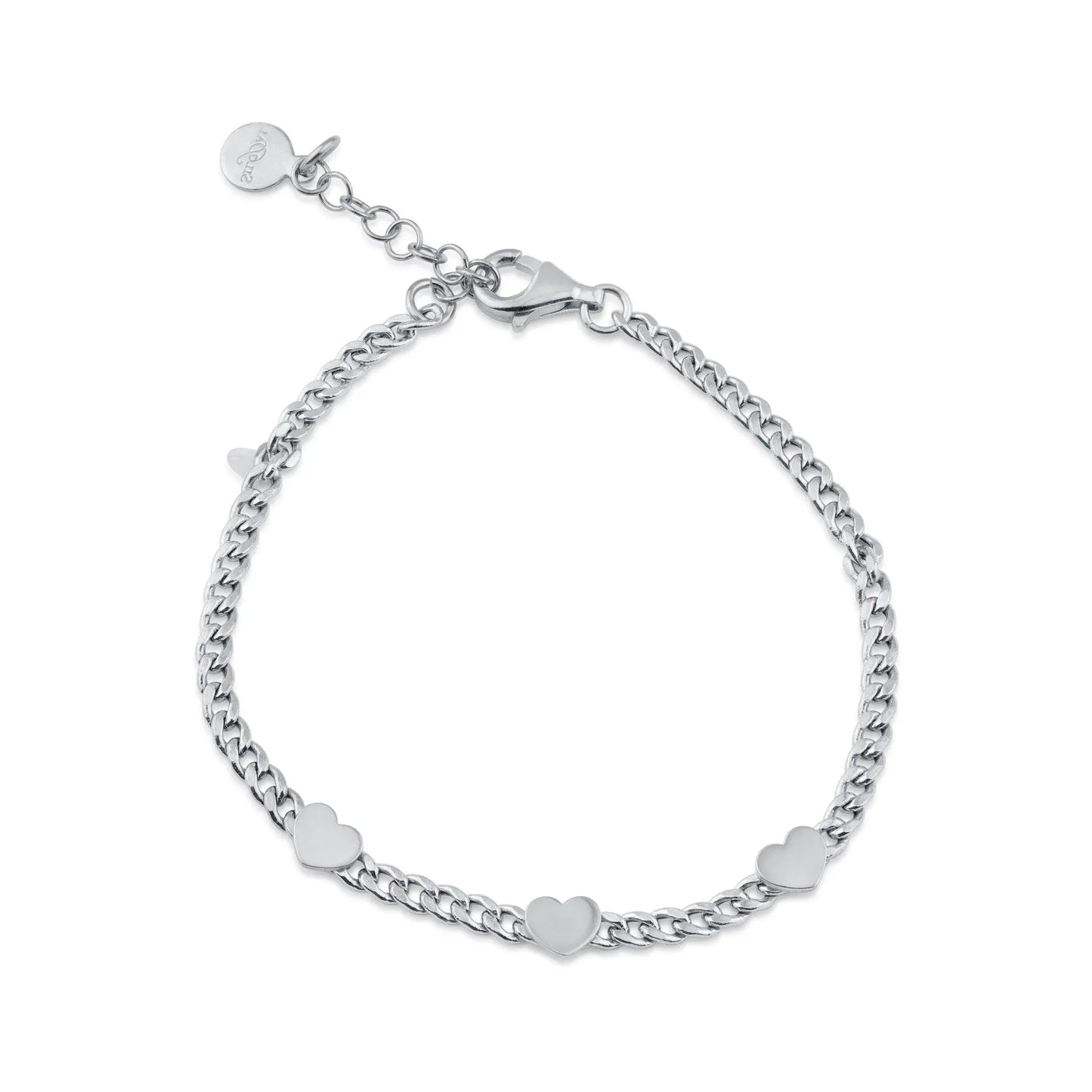 925 Sterling Silver Rhodium Plated 3 Hearts Charm Adjustable Curb Chain Bracelet