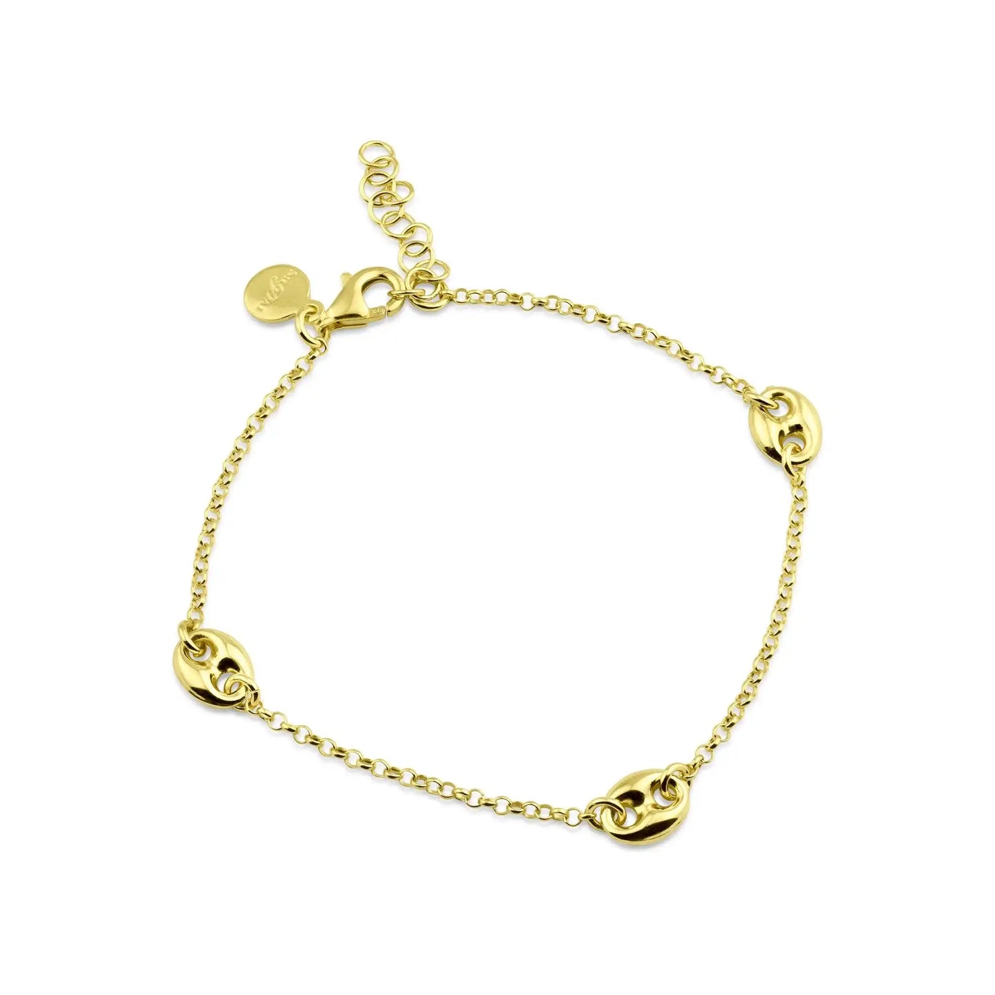 925 Sterling Silver Gold Plated Puffed Mariner Charm Lariat Bracelet