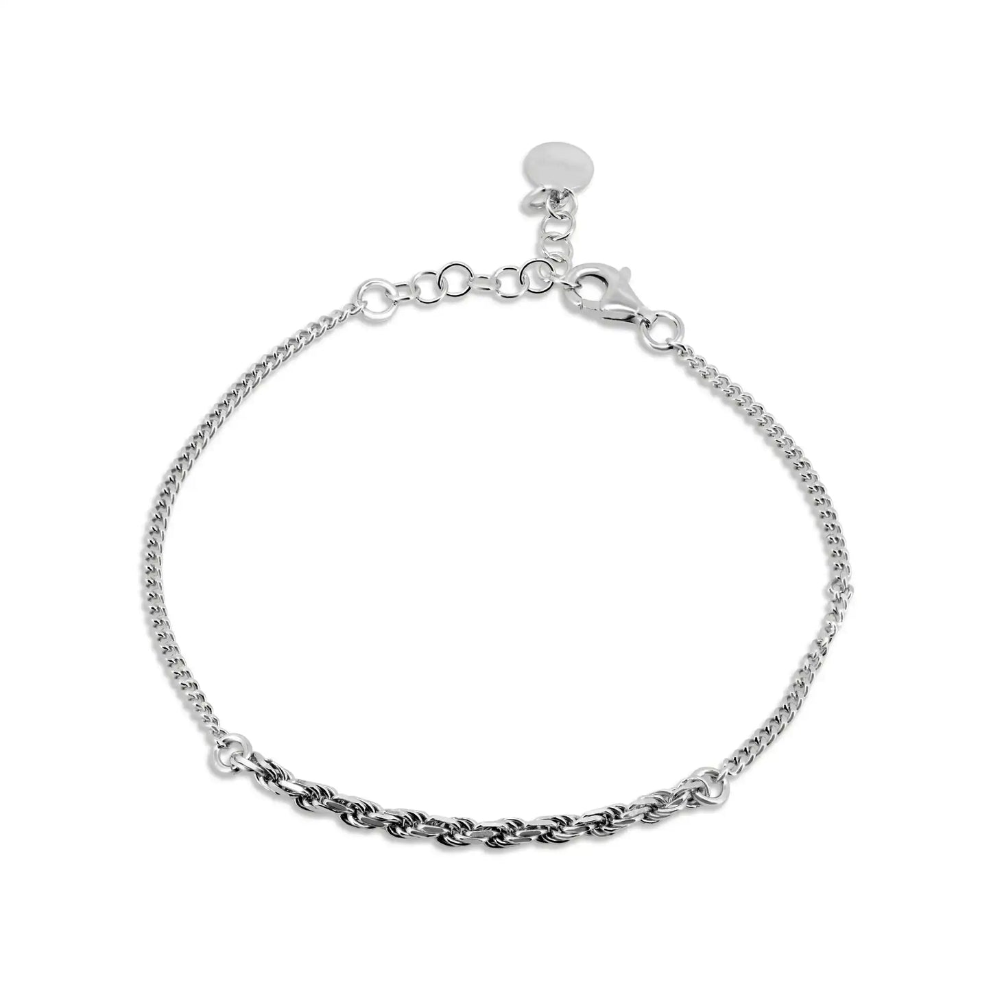 925 Sterling Silver Rhodium Plated Curb Single Strand Rope Adjustable Bracelet