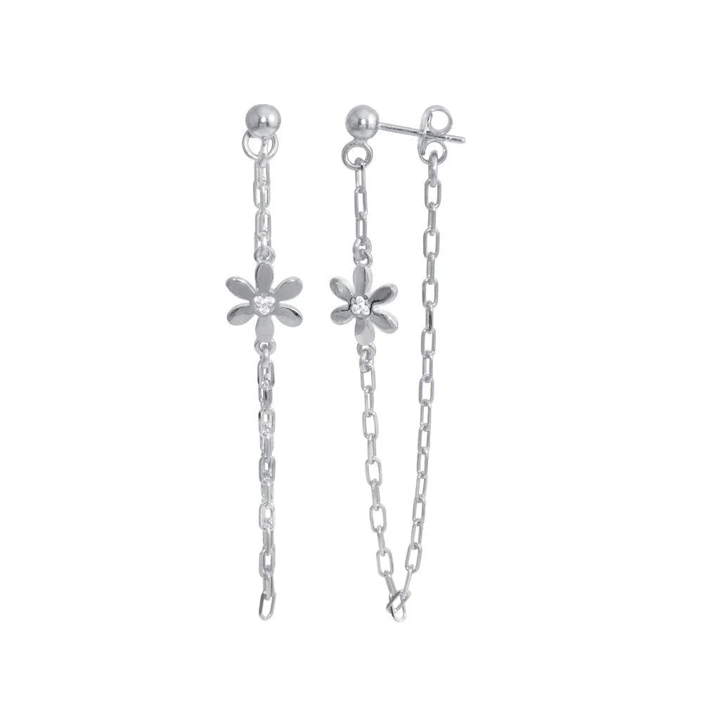 925 Sterling Silver Rhodium Plated Dangling Flower CZ Earring